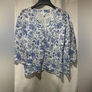 J. Jill 100% Linen Blue and White Floral Blouse